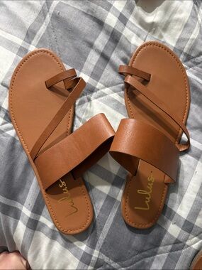 Lulu's Cognac Brown Toe-Loop Slide Sandals